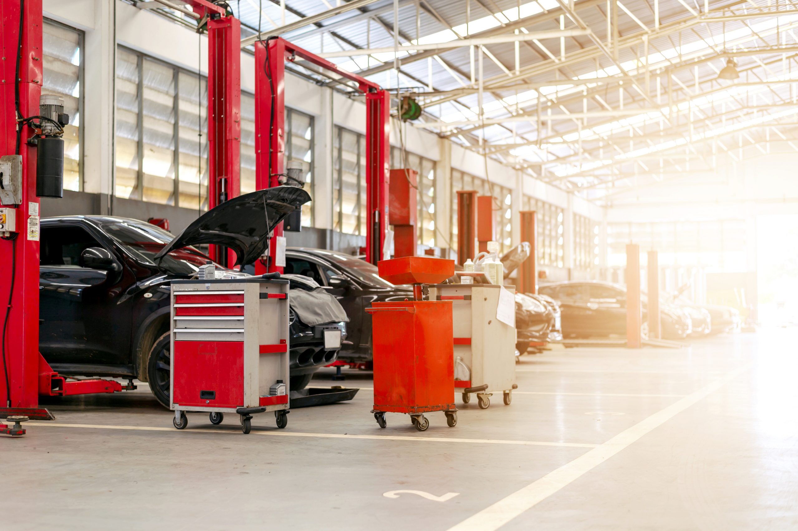 car repair station with soft-focus and over light in the background, garage